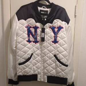 NY Quilted Bomber Jacket in White and Black / Blue Patch Letters Super Sale $50